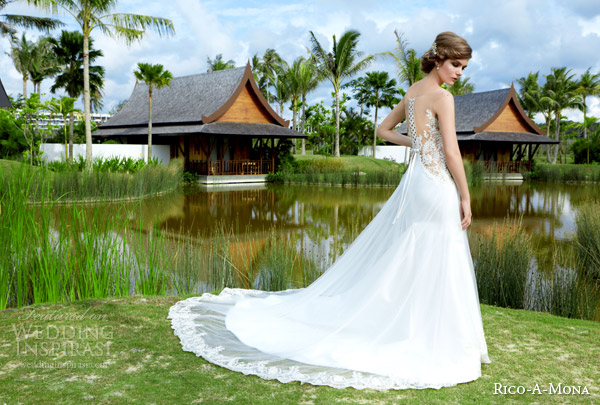 rico a mona 2015 resort collection sheath wedding dress illusion cap sleeve neckline sheer overskirt back view train
