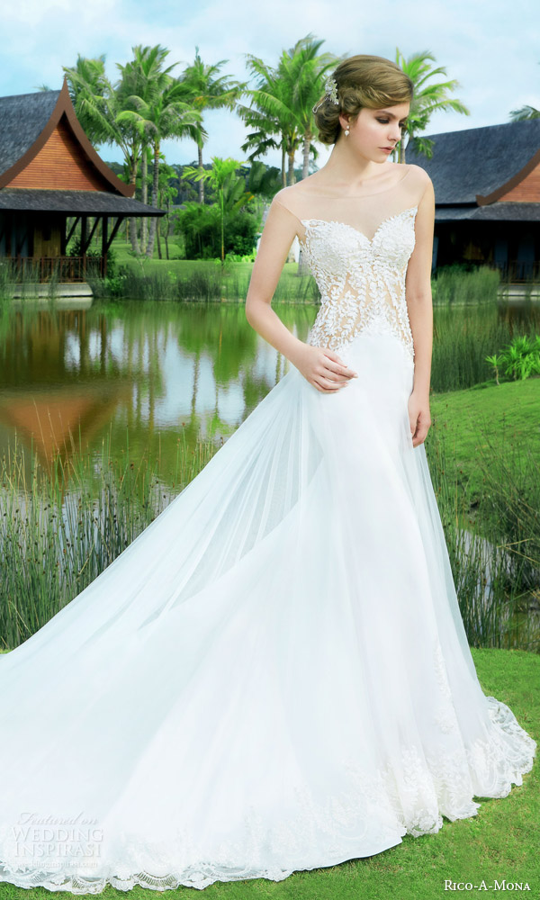 rico a mona 2015 resort collection sheath wedding dress illusion cap sleeve neckline sheer overskirt zoom