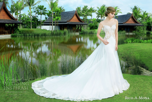 rico a mona 2015 resort collection sheath wedding dress illusion cap sleeve neckline sheer overskirt