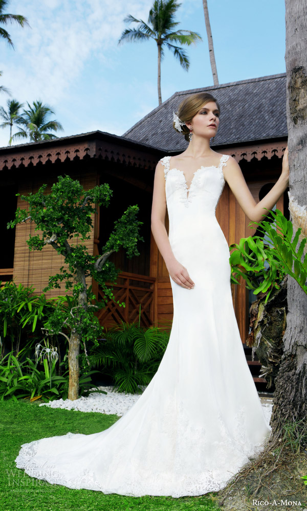 rico a mona 2015 resort collection sophisticated cap sleeve sheath wedding dress lace straps deep split neckline