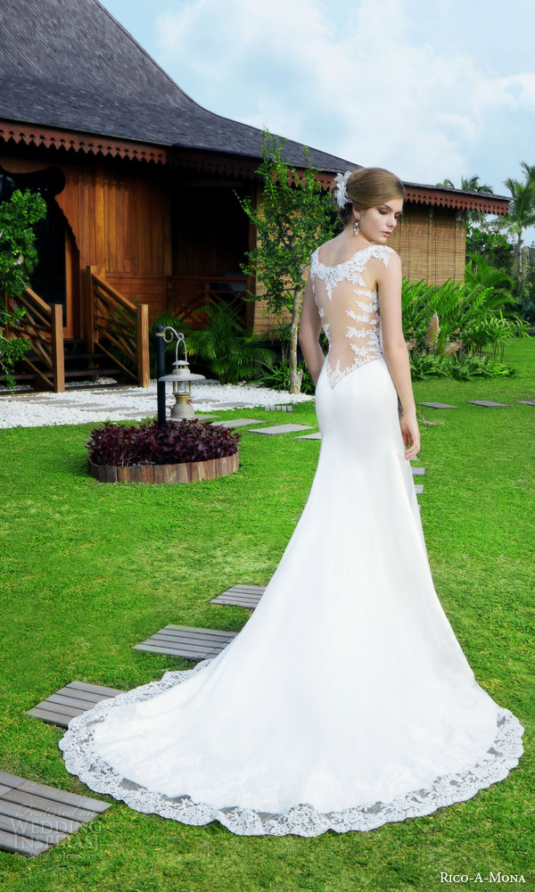 rico a mona 2015 resort collection sophisticated wedding dress illusion drop back design train