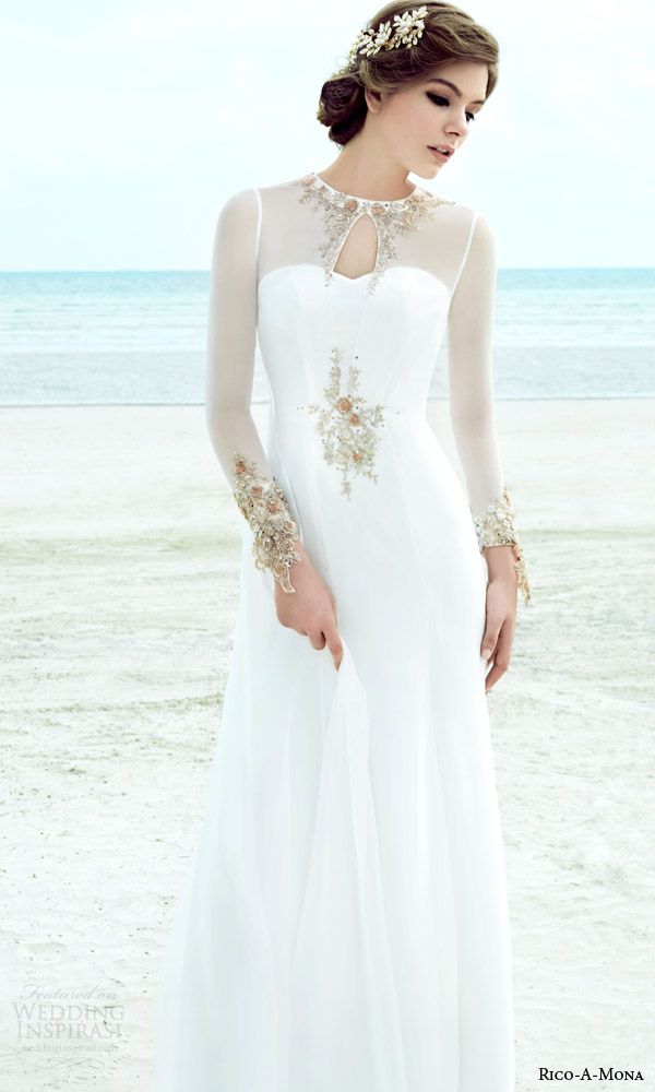 rico a mona bridal 2015 resort collection illusion long sleeve elegant high neck wedding dress embellished neckline sleeves