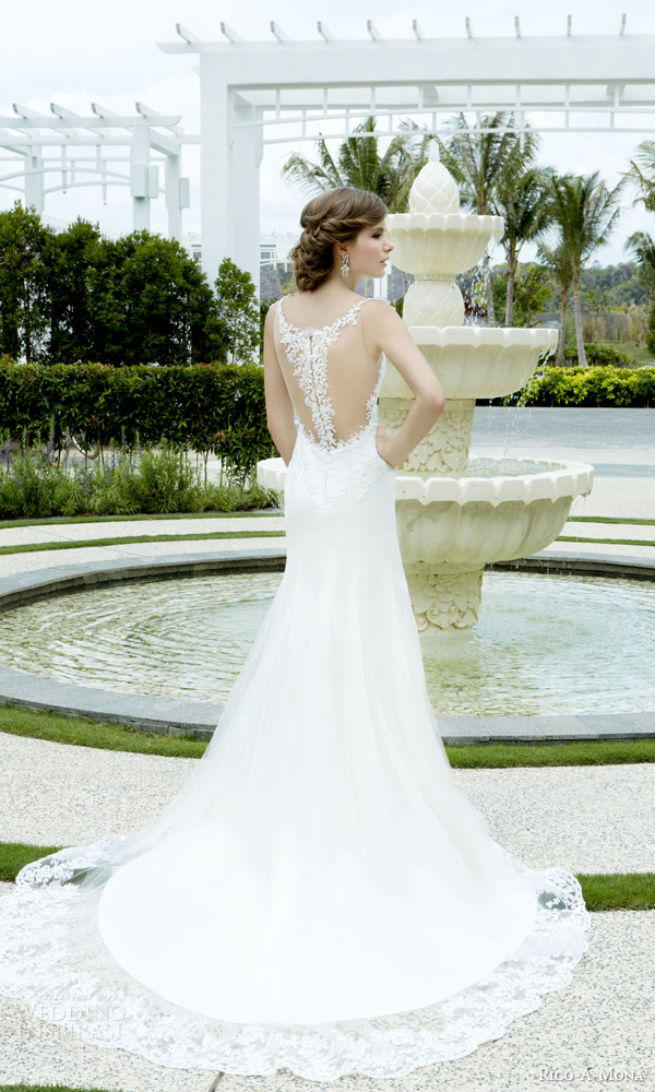 rico a mona bridal 2015 resort gorgeous sleeveless lace wedding dress illusion straps back side view train illusion back