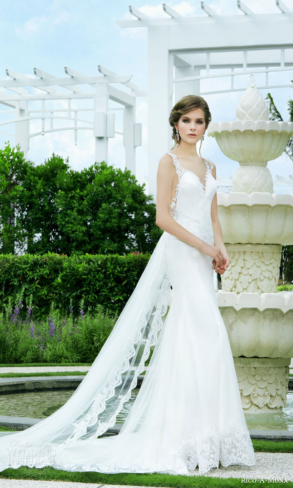 rico a mona bridal 2015 resort gorgeous sleeveless lace wedding dress illusion straps back side view train