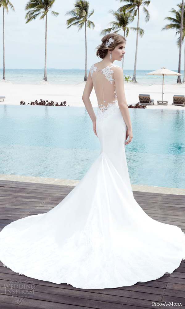 rico a mona bridal resort 2015 sleeveless sheath sexy wedding dress with illusion strap zoom illusion back view