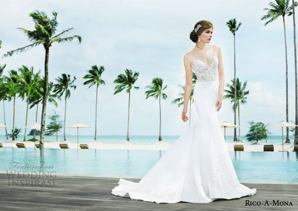 rico a mona bridal resort 2015 sleeveless sheath sexy wedding dress with illusion strap