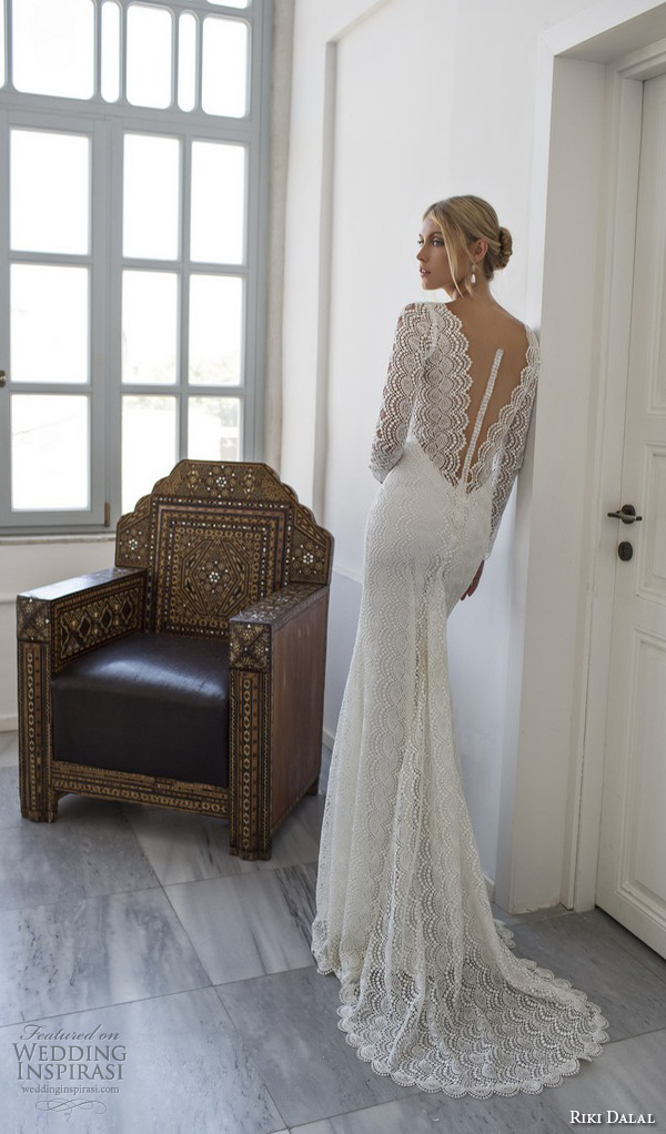 riki dalal 2015 valencia wedding dresses beaded long sleeves beaded applique v neckline elegant sheath wedding dress low v back