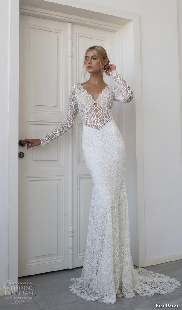 riki dalal 2015 valencia wedding dresses beaded long sleeves beaded applique v neckline elegant sheath wedding dress