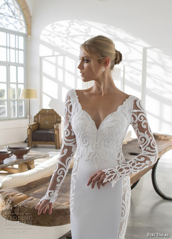 riki dalal 2015 valencia wedding dresses filigree lace long sleeves v neck embroidered bodice elegant sheath wedding gown v low back close up front