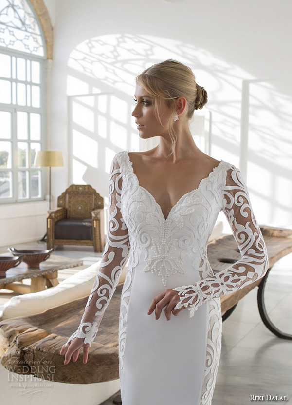 riki dalal 2015 valencia wedding dresses filigree lace long sleeves v neck embroidered bodice elegant sheath wedding gown v low back close up front riki dalal 2015 valencia wedding dresses filigree lace long sleeves v neck embroidered bodice elegant sheath wedding gown v low back close up front