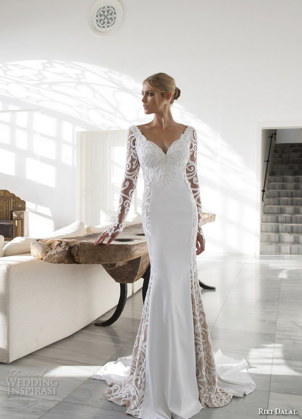 riki dalal 2015 valencia wedding dresses filigree lace long sleeves v neck embroidered bodice elegant sheath wedding gown