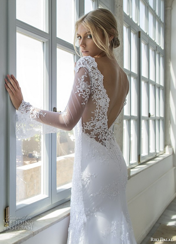 riki dalal 2015 valencia wedding dresses illusion lace trumpet sleeves deep plunging v neck beautiful embroidered fit flare mermaid gown high middle slit open low v back