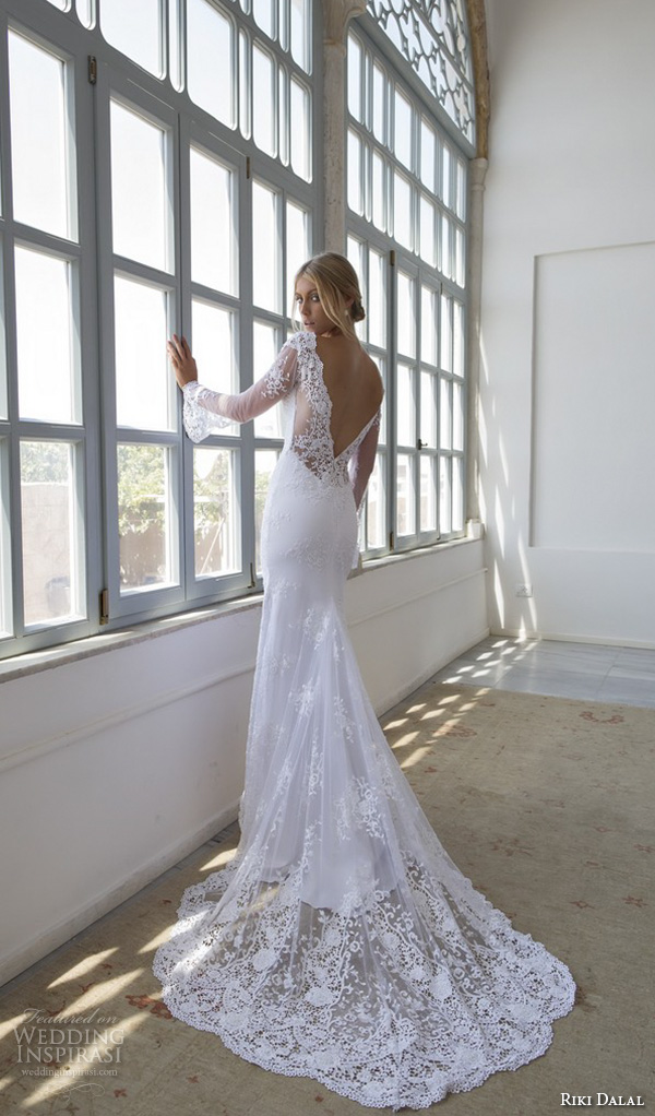 riki dalal 2015 valencia wedding dresses illusion lace trumpet sleeves deep plunging v neck embroidered fit flare mermaid gown high middle slit open low v back