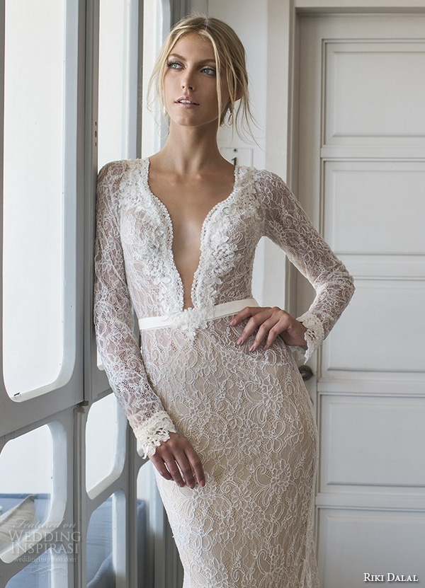 riki dalal 2015 valencia wedding dresses lace long sleeves deep plunging neckline stunning gorgeous lace throughout sheath mermaid gown keyhole back