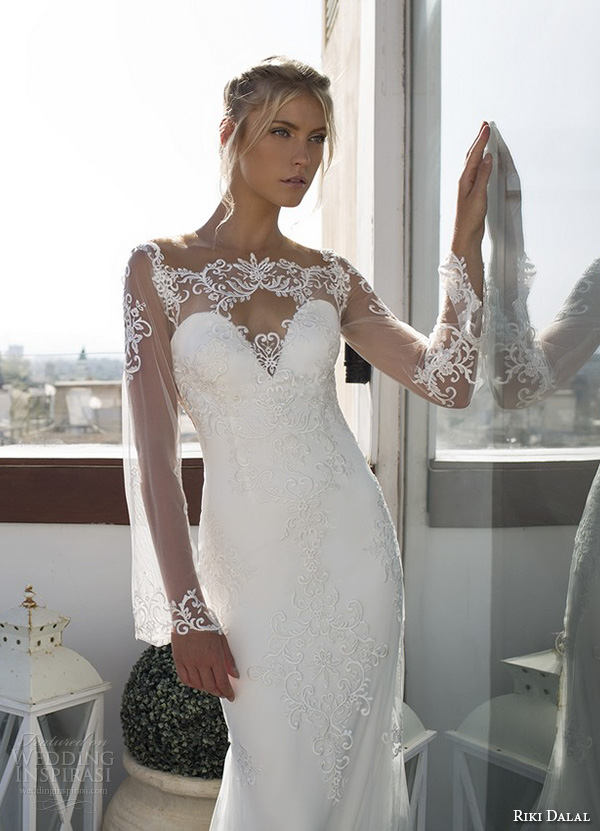 riki dalal 2015 valencia wedding dresses loose lace illusion long sleeves sheer neckline sweetheart embroidered bodice beautiful sheath wedding gown open sheer low back closeup