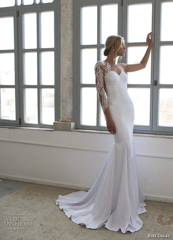 riki dalal 2015 valencia wedding dresses one shoulder intricate embroidered sleeves sweetheart neckline fit flare sheath mermaid wedding gown