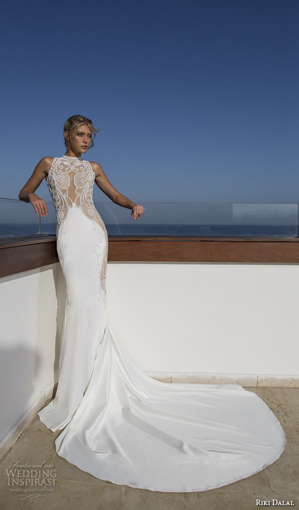 riki dalal 2015 valencia wedding dresses sleeveless high neck illusion lace embroidered stunning slim fit sheath wedding gown chape train