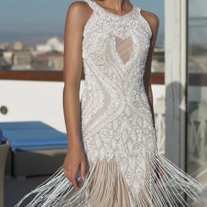 riki dalal 2015 valencia wedding dresses sleeveless jewel neckline beaded bodice fringe short wedding dress skirt