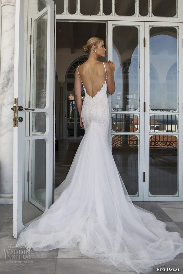 riki dalal 2015 valencia wedding dresses spagetti strap plunging neckline open low back beautiful sheath wedding dress with train