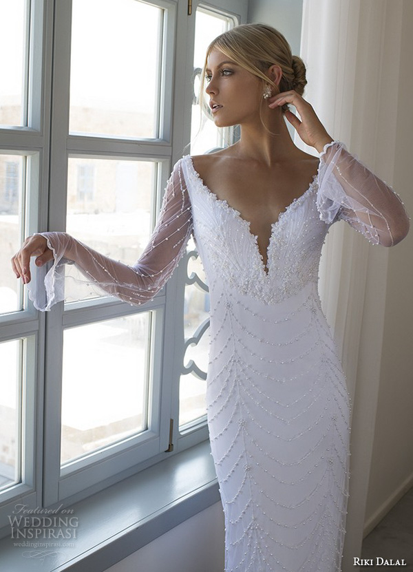 riki dalal 2015 valencia wedding dresses trumpet illusion long sleeves plunging v neckline beaded throughout slim elegant sheath wedding dress open low back closeup