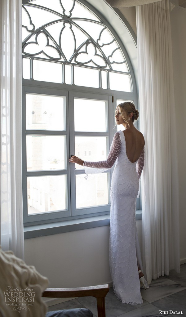 riki dalal 2015 valencia wedding dresses trumpet illusion long sleeves plunging v neckline beaded throughout slim elegant sheath wedding dress open low back riki dalal 2015 valencia wedding dresses trumpet illusion long sleeves plunging v neckline beaded throughout slim elegant sheath wedding dress open low back