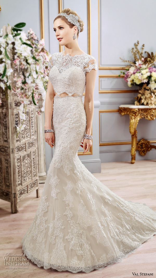 val stefani spring 2016 wedding dresses beautiful 2 piece fit flare trumpet mermaid gown boat neckline cap sleeves lace embroidery d8102