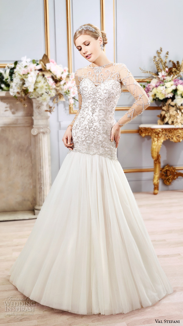 val stefani spring 2016 wedding dresses drop waist trumpet embroidered modified a line tulle skirt gown jewel illusion neckline sheer jeweled long sleeves d8103