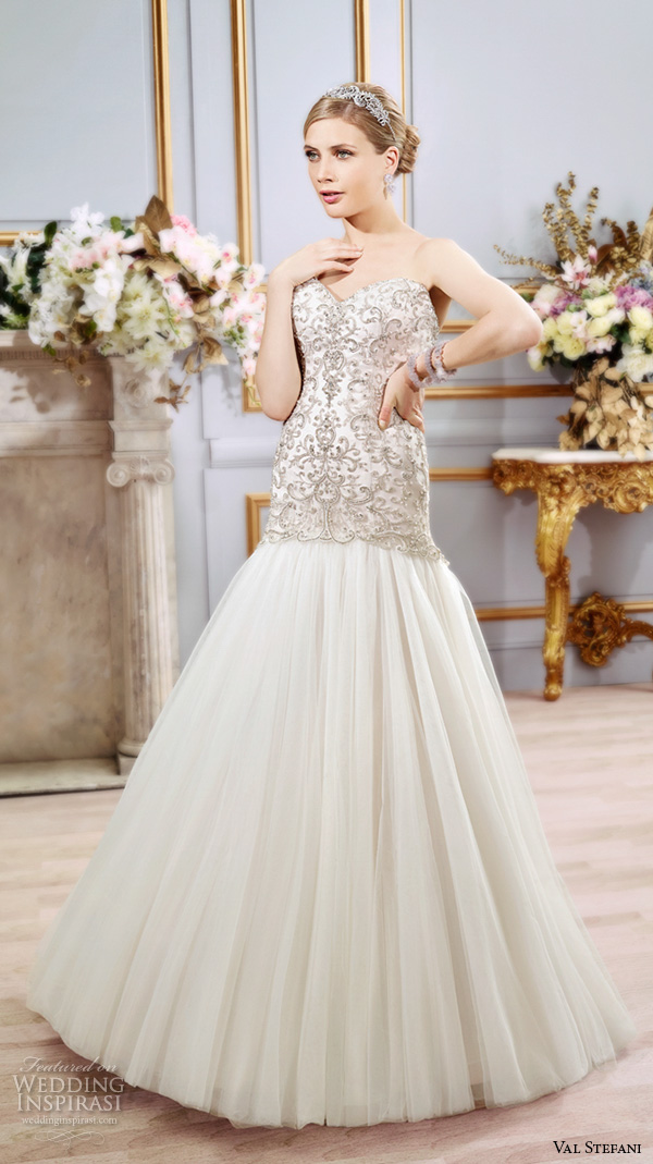 val stefani spring 2016 wedding dresses drop waist trumpet embroidered modified a line tulle skirt gown strapless sweetheart neckline d8103