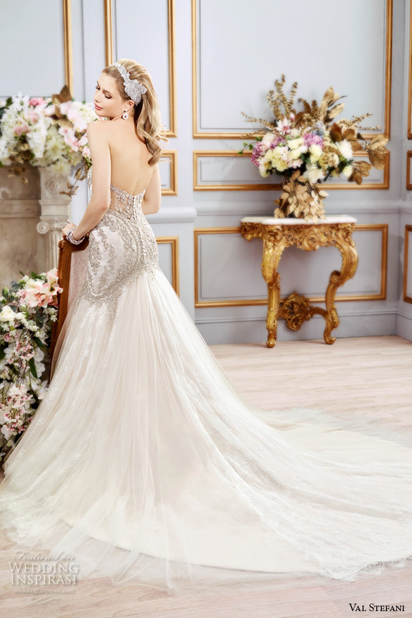 val stefani spring 2016 wedding dresses fit flare stunning mermaid gown strapless sweetheart neckline beaded embroidered bodice chapel train b8106 back view