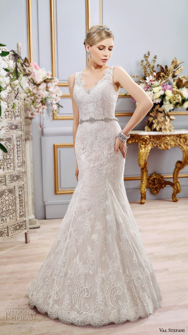 val stefani spring 2016 wedding dresses fit flare trumpet beautiful mermaid gown thick lace strap v neckline jeweled belt d8104