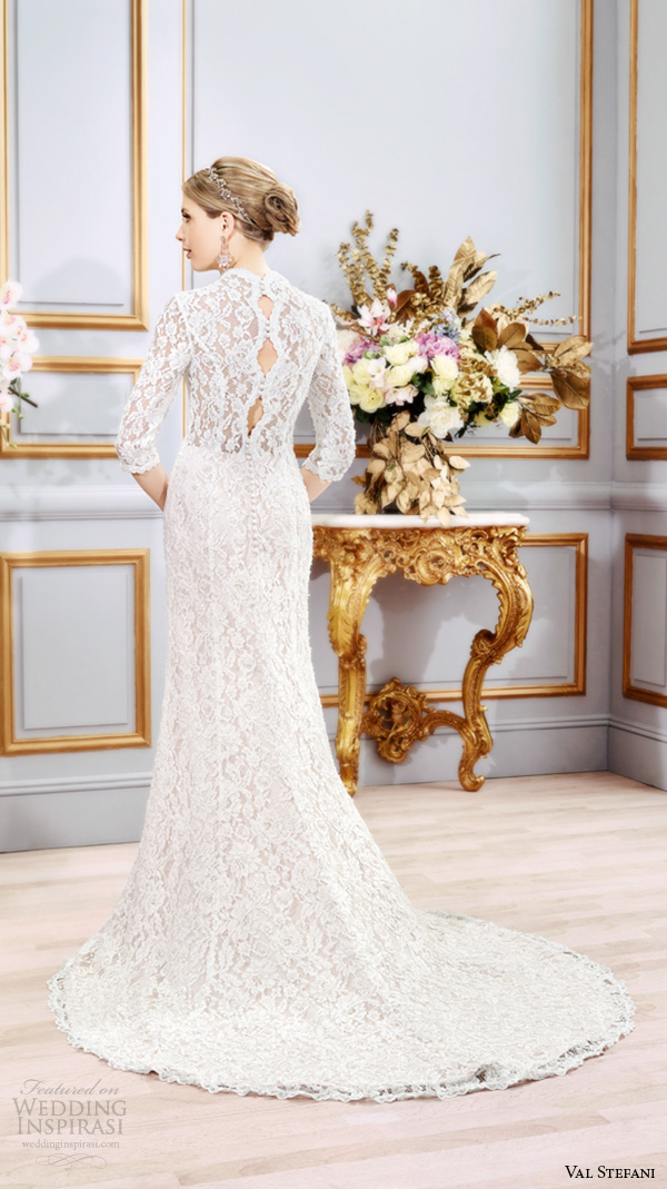 val stefani spring 2016 wedding dresses three quarter 3 4 lace sleeves v neck beautiful fit flare trumpet mermaid gown b8101 back