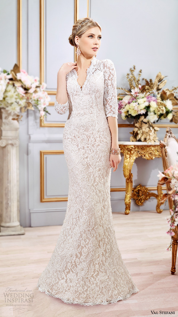 val stefani spring 2016 wedding dresses three quarter 3 4 lace sleeves v neck beautiful fit flare trumpet mermaid gown b8101