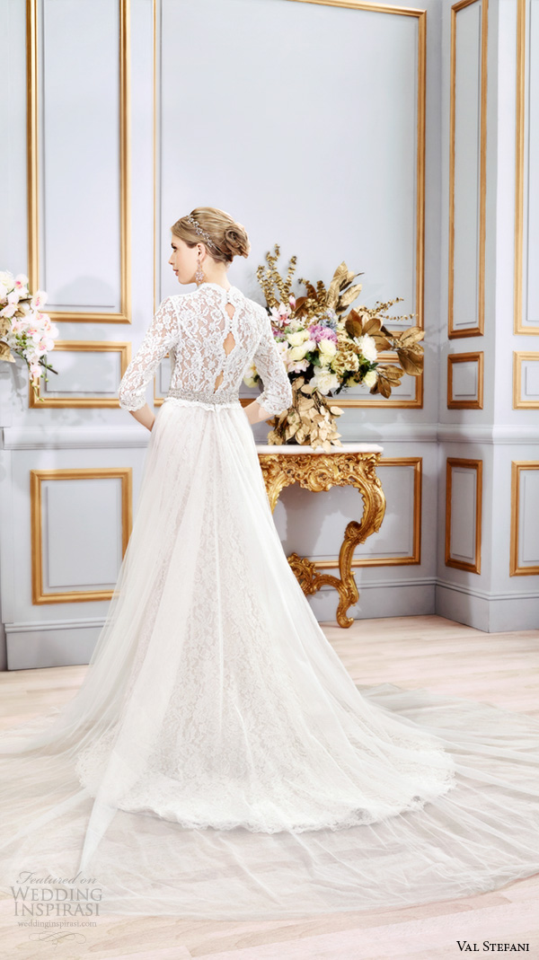 val stefani spring 2016 wedding dresses three quarter 3 4 lace sleeves v neck elegant a line tulle overskirt over mermaid dress b8101 back