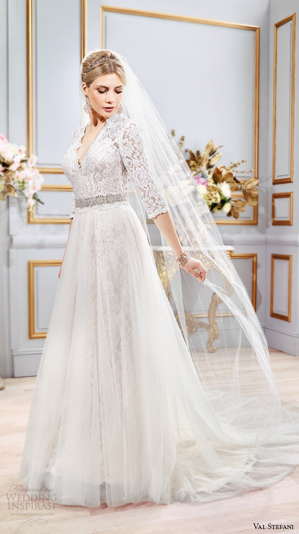 val stefani spring 2016 wedding dresses three quarter 3 4 lace sleeves v neck elegant a line tulle overskirt over mermaid dress b8101 val stefani spring 2016 wedding dresses three quarter 3 4 lace sleeves v neck elegant a line tulle overskirt over mermaid dress b8101