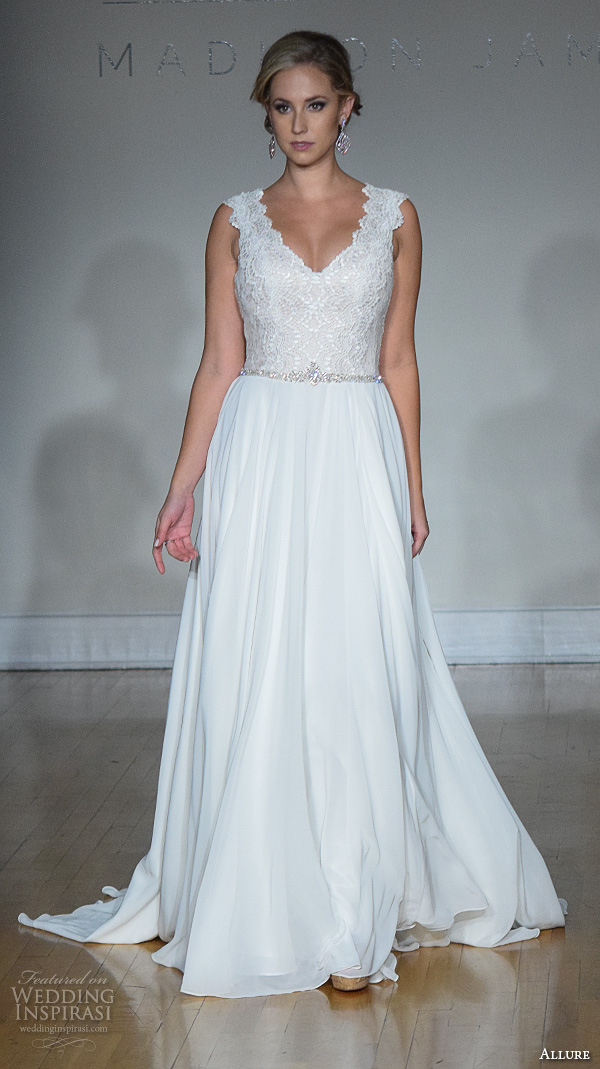 allure bridals new york bridal fashion week 2015 beautiful thick lace strap v neckline flowy a line wedding dress lace embroidered bodice allure bridals new york bridal fashion week 2015 beautiful thick lace strap v neckline flowy a line wedding dress lace embroidered bodice