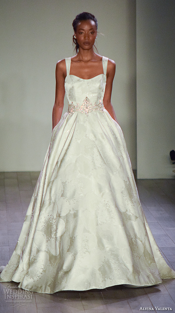 alvina valenta spring 2016 bridal week beautiful a line wedding dress satin floral print jeweled belt alvina valenta spring 2016 bridal week beautiful a line wedding dress satin floral print jeweled belt