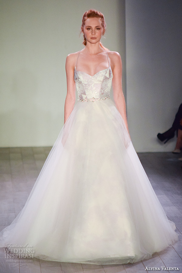 alvina valenta spring 2016 bridal week beautiful a  line wedding dress sweetheart neckline tulle skirt halter neck