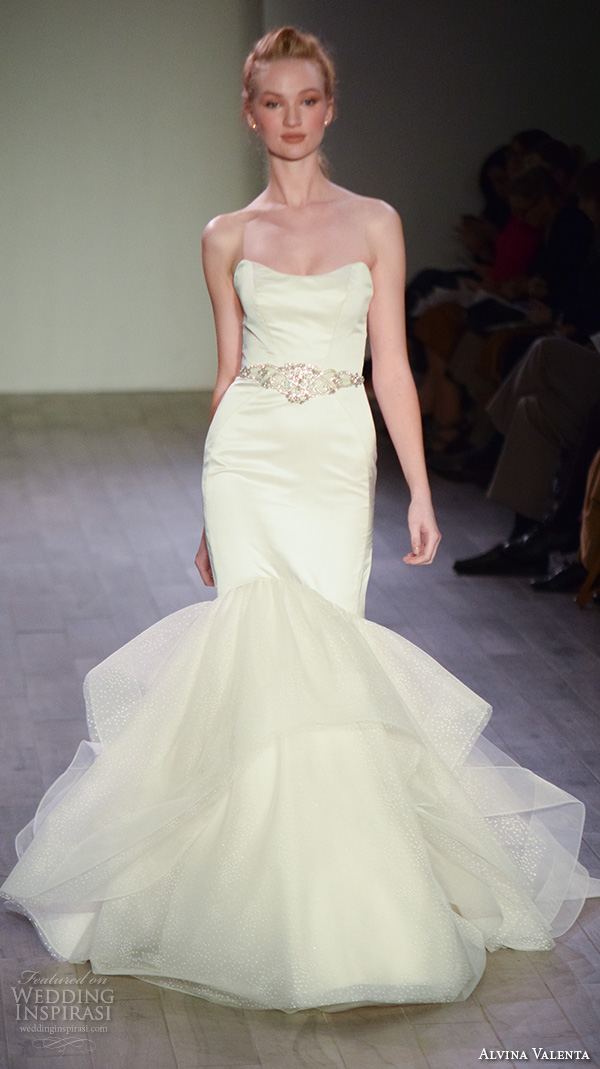 alvina valenta spring 2016 bridal week beautiful mermaid wedding dress strapless jeweled belt satin chic gown