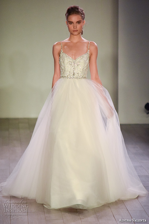 alvina valenta spring 2016 bridal week spagetti strap a  line ball gown wedding dress beaded bodice