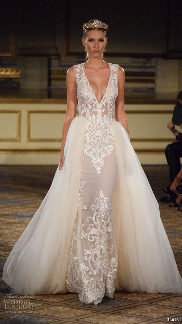 berta fall 2016 new york bridal fashion week beautiful wedding dress v neck plunging neckline tulle overskirt lace embroidery berta fall 2016 new york bridal fashion week beautiful wedding dress v neck plunging neckline tulle overskirt lace embroidery