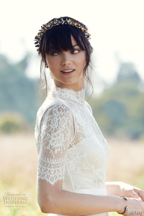 bhldn fall 2016 bridal dresses beautiful high neck lace short sleeves wedding dress with head pieces style bridgette side view bhldn fall 2016 bridal dresses beautiful high neck lace short sleeves wedding dress with head pieces style bridgette side view