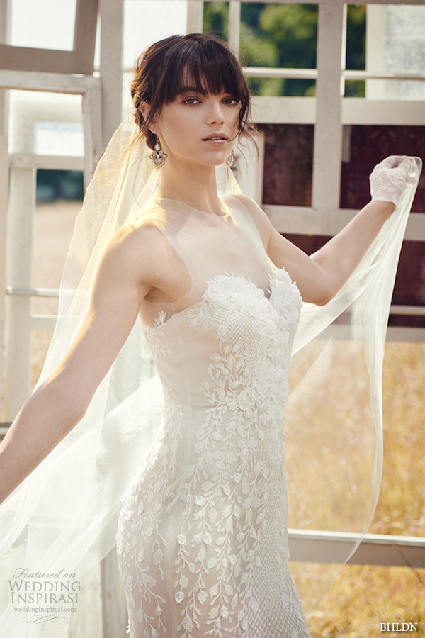 bhldn fall 2016 bridal dresses beautiful sheath wedding dress illusion jewel neckline sweetheart neckline floral embroidery style ashton closeup