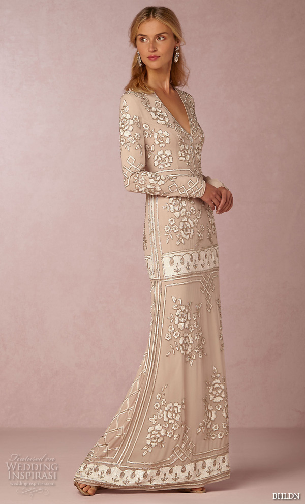 bhldn fall 2016 bridal dresses gorgeous long sleeves v neckline nude color sheath wedding dress floral embroidery style lake gown 