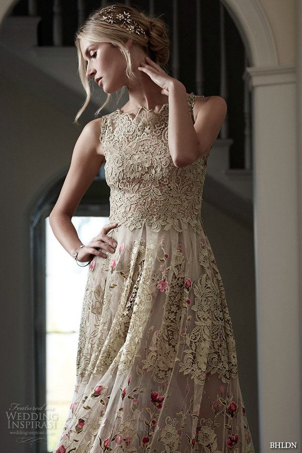 bhldn spring 2016 bridal gowns gorgeous a  line sheath wedding dress golden lace embroidery with floral prints style fable closeup