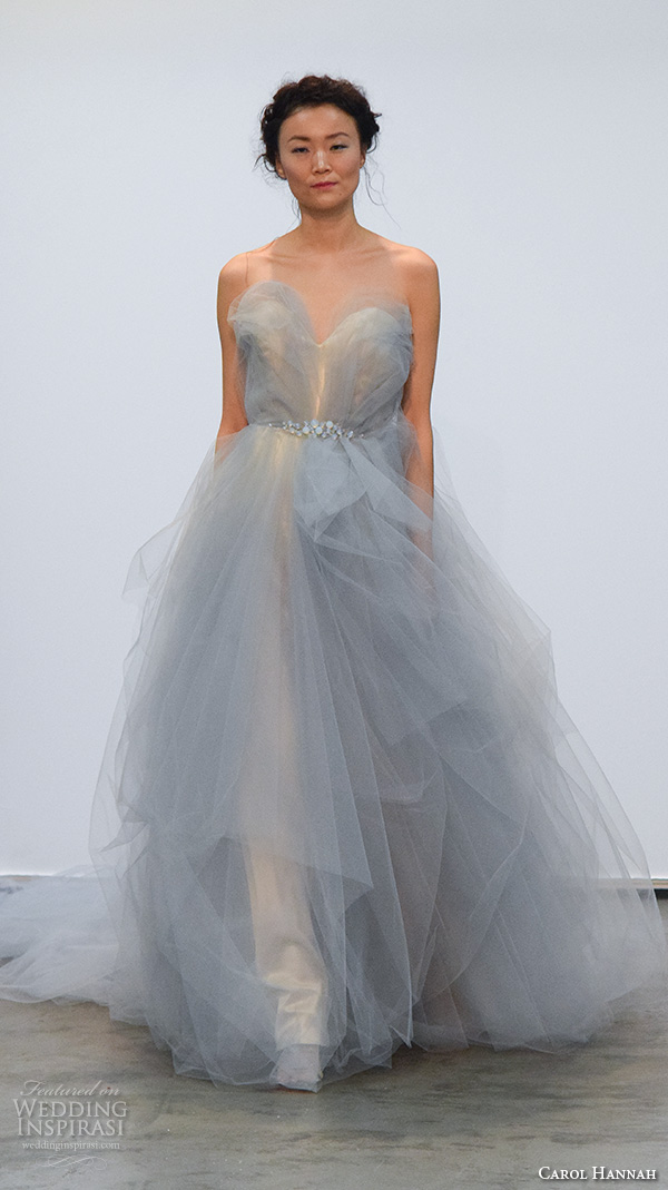 carol hannah new york bridal fashion week 2015 strapless sweetheart neckline blue tulle a  line ball gown wedding dress