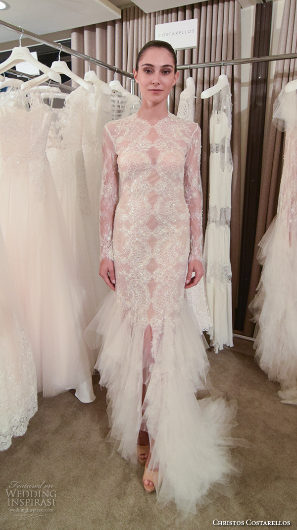 christos costarellos new york fall 2016 bridal week beautiful long sleevees sheath wedding dress lace beaded embrodiery