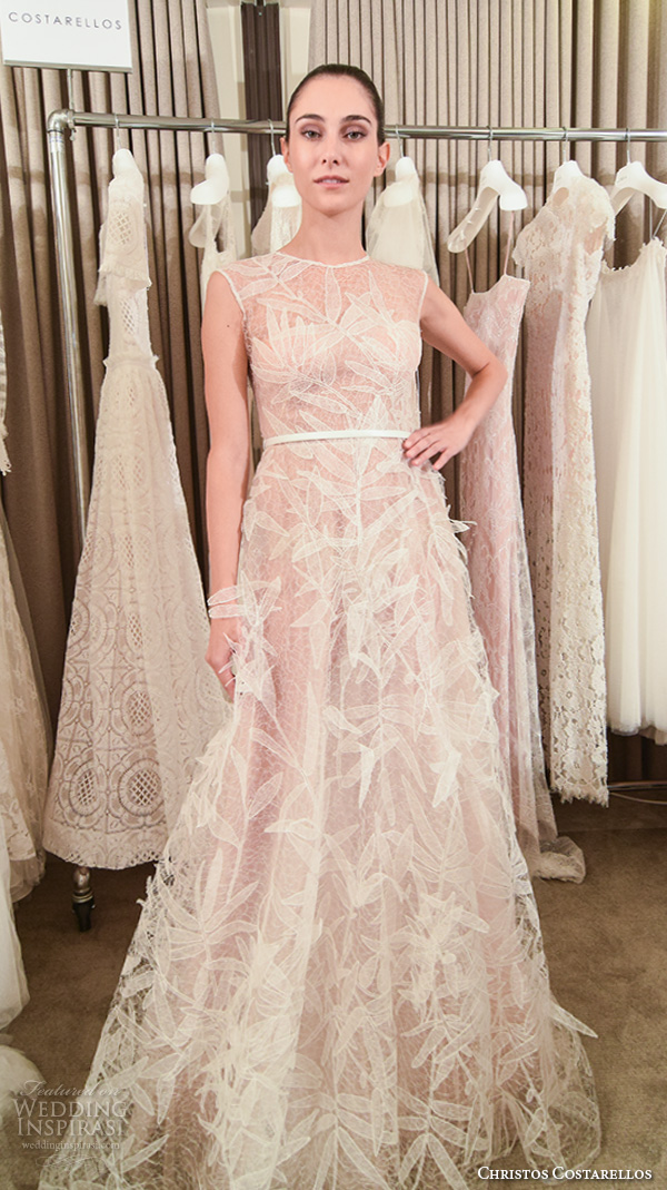 christos costarellos new york fall 2016 bridal week romantic pretty a line wedding dress sleeveless jewel neckline feather applique christos costarellos new york fall 2016 bridal week romantic pretty a line wedding dress sleeveless jewel neckline feather applique