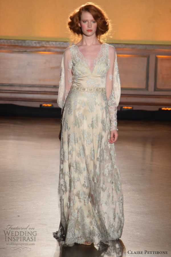 claire pettibone fall 2016 wedding dresses bridal week runway fashion long sleeves v neck blue embroidery lace gorgeous sheath dress