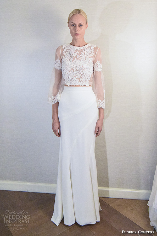 eugenia couture new york bridal fashion week 2015 3 4 quarter sleeves lace embroidery crop top satin beautiful sheath wedding dress