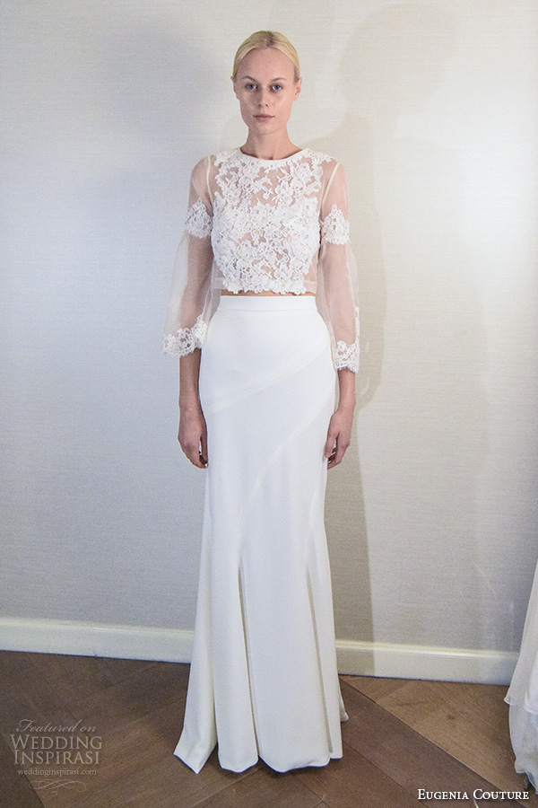 eugenia couture new york bridal fashion week 2015 3 4 quarter sleeves lace embroidery crop top satin beautiful sheath wedding dress eugenia couture new york bridal fashion week 2015 3 4 quarter sleeves lace embroidery crop top satin beautiful sheath wedding dress